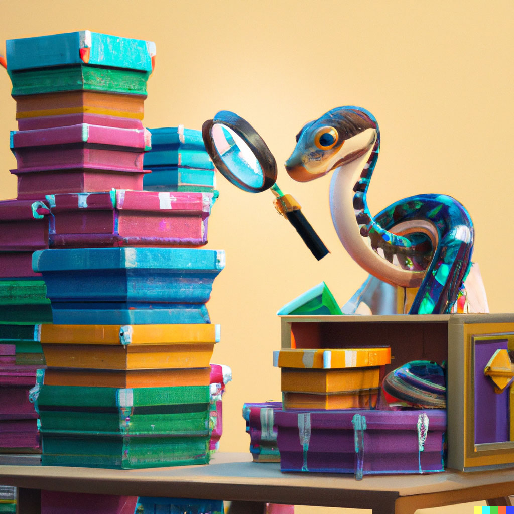 DALL·E prompt: A python holding a magnifying glass looking at neatly arranged colorful boxes in stacked columns, digital art